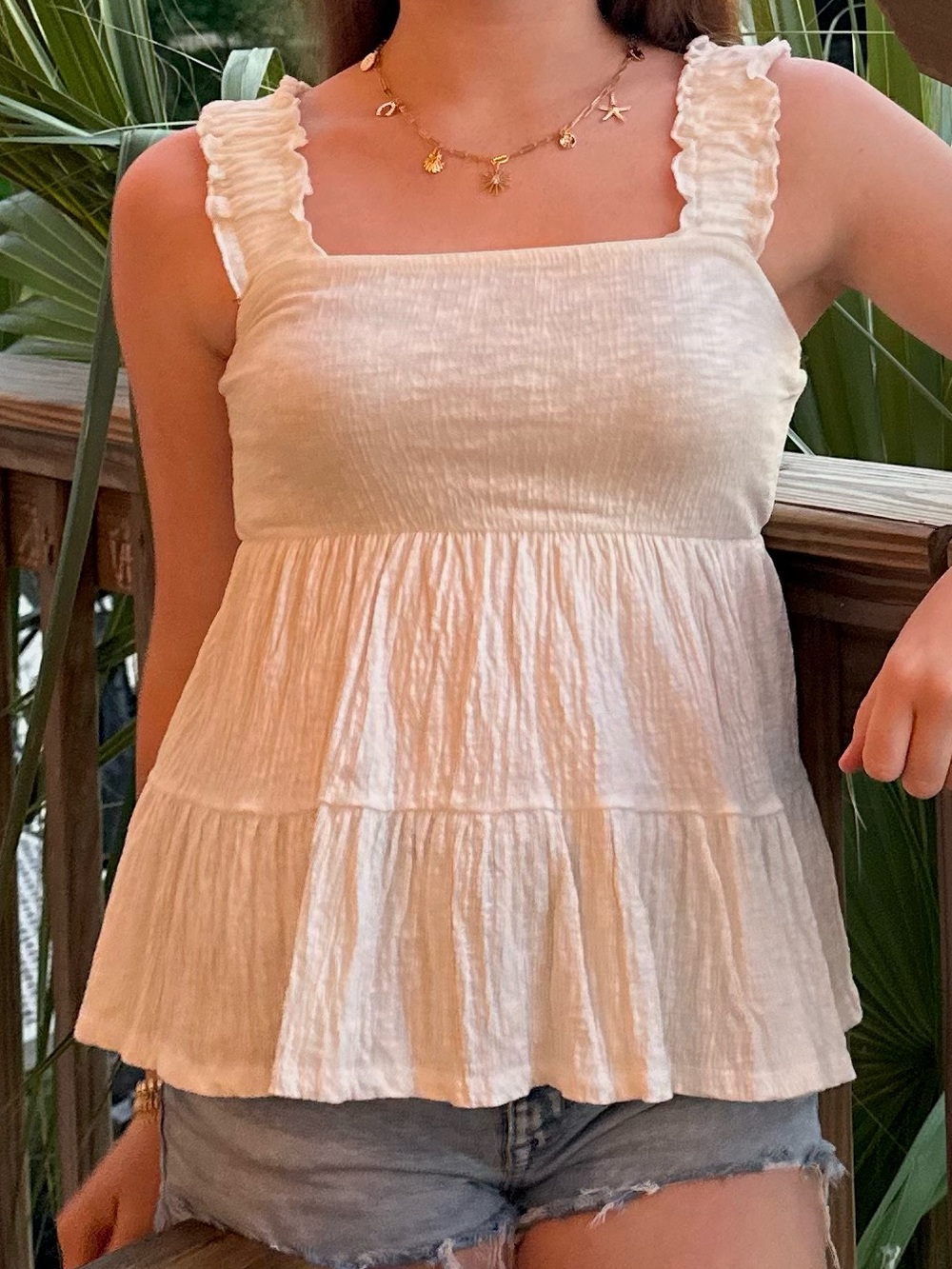 Altar'd State Cream Ruffled Smocked Tiered Tank